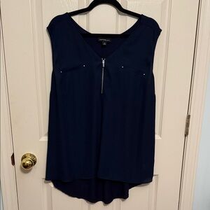 Stylish Navy V-Neck Blouse with Zipper